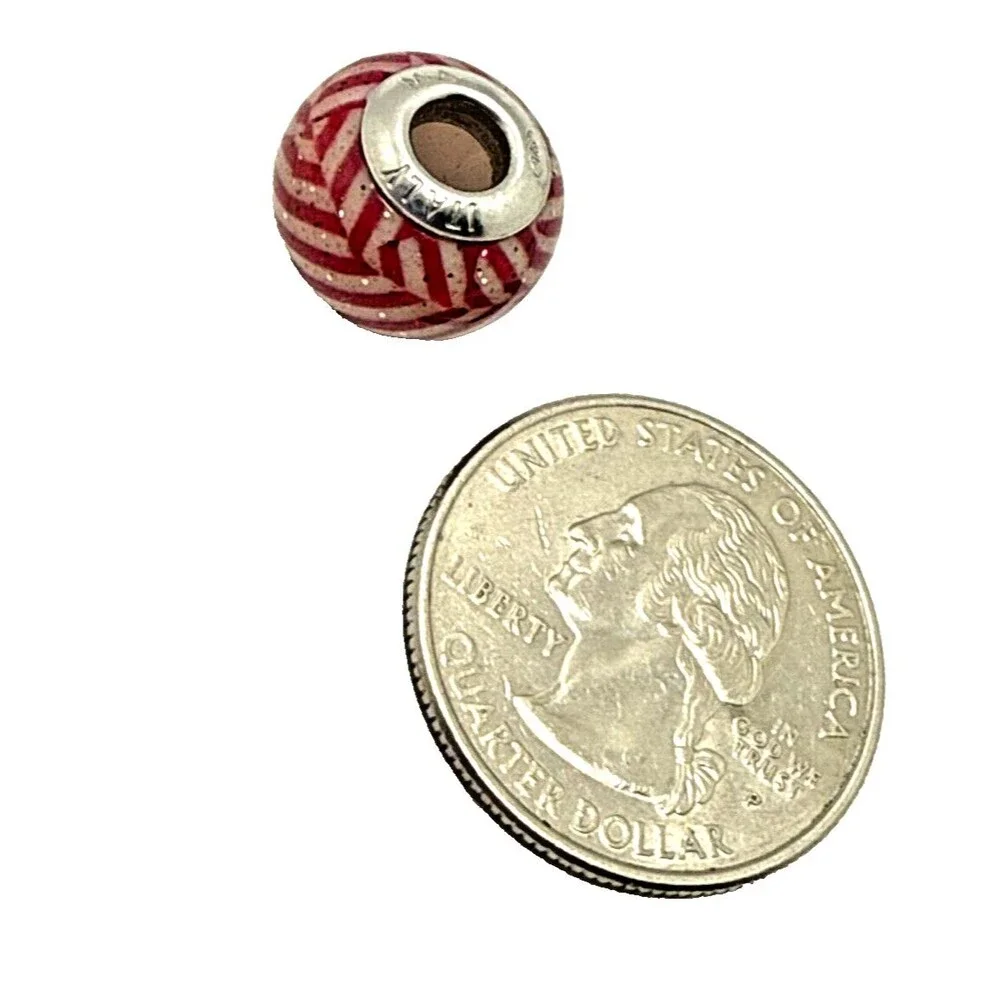 MURANO Glass European Charm Bead Sterling Silver 925 Red Chevron Italy